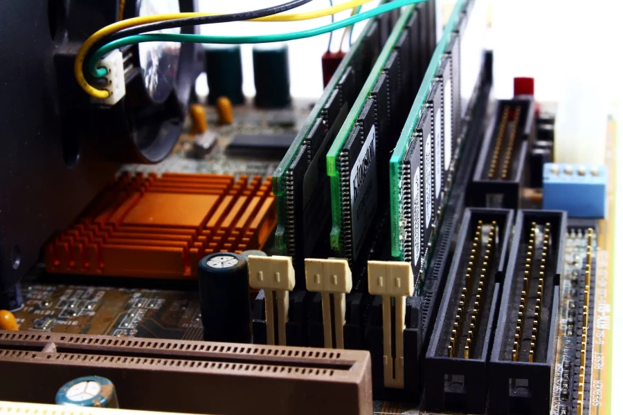 computer motherboard showing random access memory slots